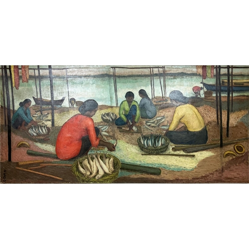 75 - INDIAN SCHOOL, in Mannu of Badwelgar Prabha, 'Women on a Beach with Fish', oil on canvas, 76cm x 16c... 