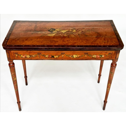 101 - SATINWOOD CARD TABLE, George III period satinwood and rosewood crossbanded of D foldover form, retai... 