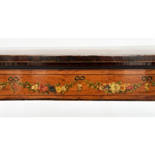 101 - SATINWOOD CARD TABLE, George III period satinwood and rosewood crossbanded of D foldover form, retai... 