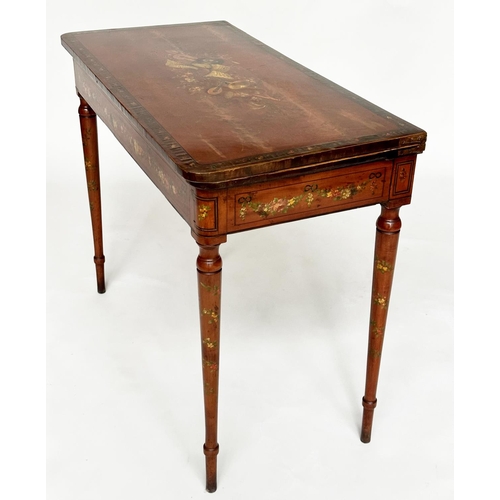 101 - SATINWOOD CARD TABLE, George III period satinwood and rosewood crossbanded of D foldover form, retai... 