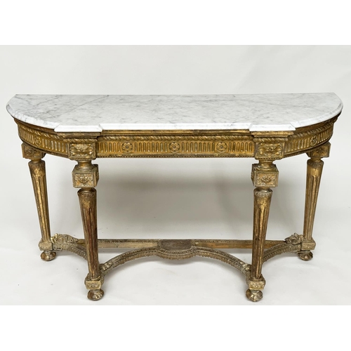 105 - CONSOLE TABLE, 19th century French Louis XVI style giltwood and gesso moulded with veined white marb... 