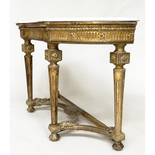 105 - CONSOLE TABLE, 19th century French Louis XVI style giltwood and gesso moulded with veined white marb... 
