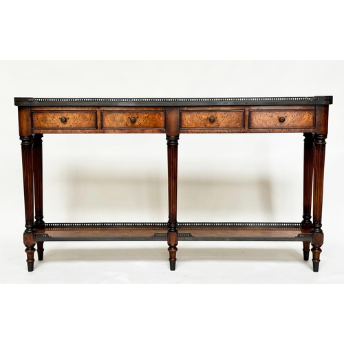 107 - HALL TABLE BY THEODORE ALEXANDER, burr walnut with gilt metal gallery and mounts with four frieze dr... 