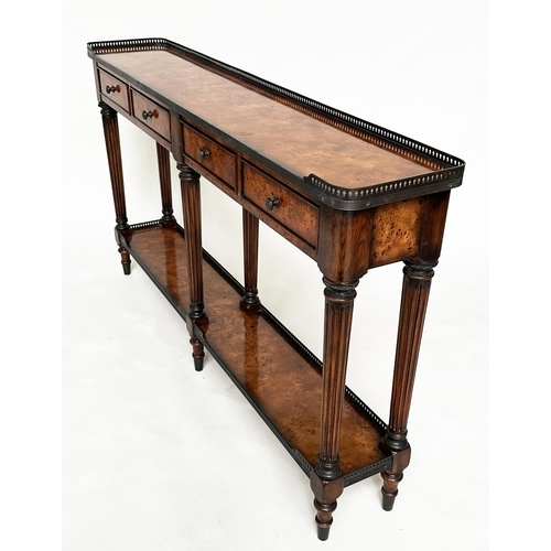 107 - HALL TABLE BY THEODORE ALEXANDER, burr walnut with gilt metal gallery and mounts with four frieze dr... 