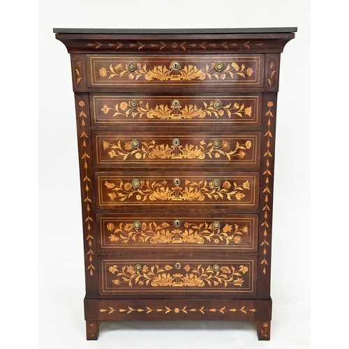 109 - DUTCH TALL CHEST, 19th century mahogany and satinwood marquetry with six long drawers, 154cm H x 104... 