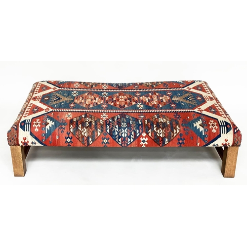 110 - KELIM HEARTH STOOL, antique turkoman kelim upholstered of rectangular form with stretchered supports... 