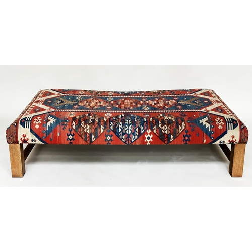 110 - KELIM HEARTH STOOL, antique turkoman kelim upholstered of rectangular form with stretchered supports... 