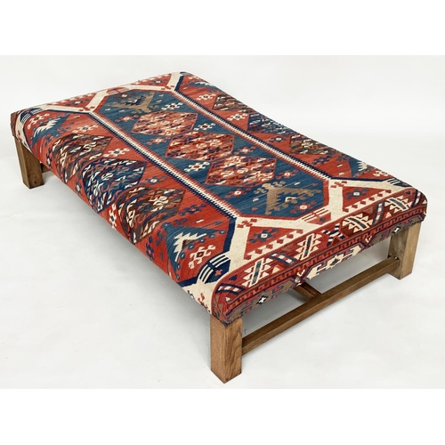 110 - KELIM HEARTH STOOL, antique turkoman kelim upholstered of rectangular form with stretchered supports... 