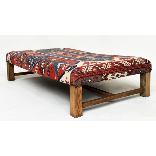 110 - KELIM HEARTH STOOL, antique turkoman kelim upholstered of rectangular form with stretchered supports... 