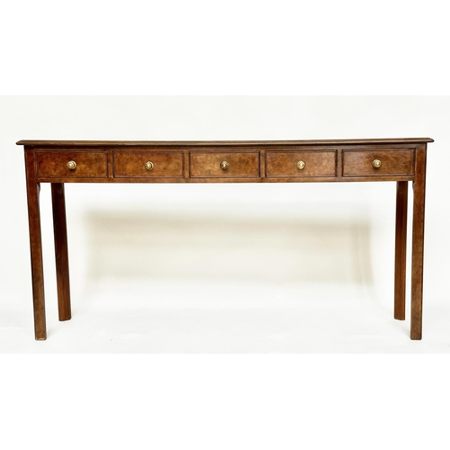 115 - HALL TABLE, George III design burr walnut and crossbanded with five frieze drawers, 153cm W x 77cm H... 