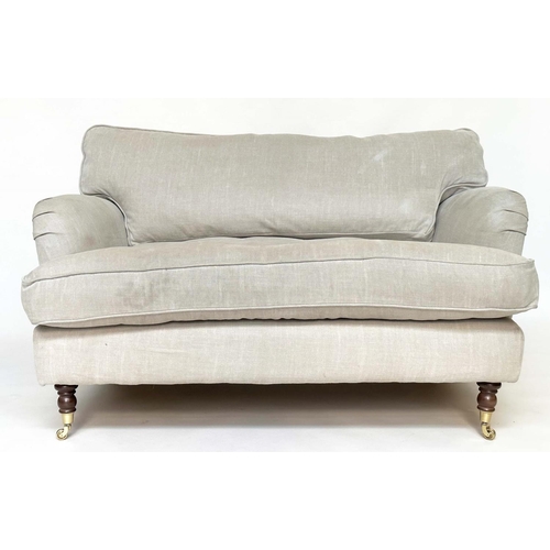 119 - HOWARD STYLE SOFA, with natural linen upholstery, feather filled cushions and turned front supports,... 