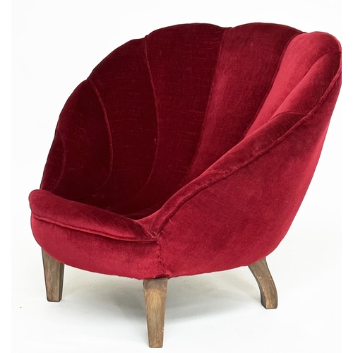 121 - ART DECO 'SHELL' ARMCHAIR, claret red velvet of small proportions with shell design back and taperin... 