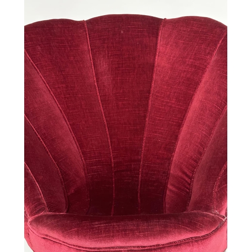 121 - ART DECO 'SHELL' ARMCHAIR, claret red velvet of small proportions with shell design back and taperin... 