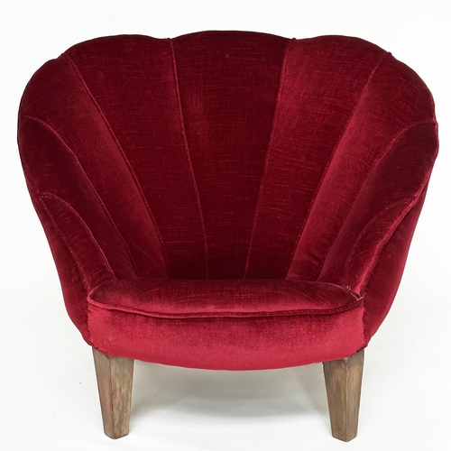 121 - ART DECO 'SHELL' ARMCHAIR, claret red velvet of small proportions with shell design back and taperin... 