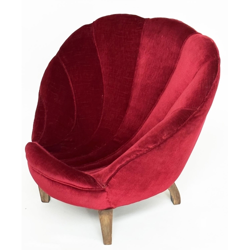 121 - ART DECO 'SHELL' ARMCHAIR, claret red velvet of small proportions with shell design back and taperin... 