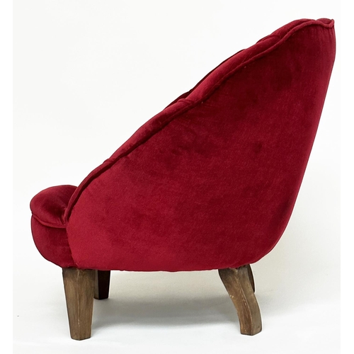 121 - ART DECO 'SHELL' ARMCHAIR, claret red velvet of small proportions with shell design back and taperin... 