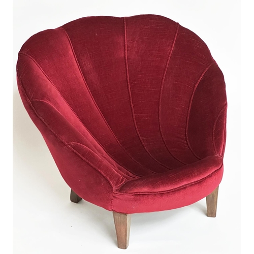 121 - ART DECO 'SHELL' ARMCHAIR, claret red velvet of small proportions with shell design back and taperin... 