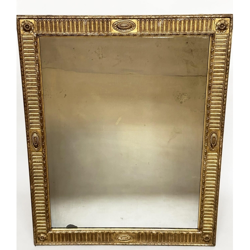 122 - WALL MIRROR, 19th century giltwood and gesso moulded with bevelled plate, rosette cornered and pater... 