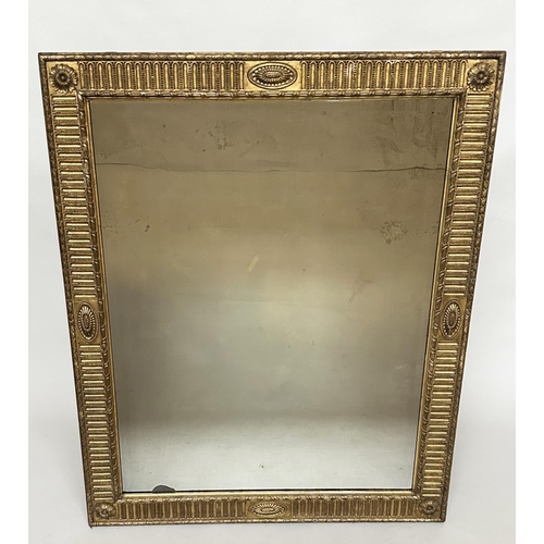 122 - WALL MIRROR, 19th century giltwood and gesso moulded with bevelled plate, rosette cornered and pater... 