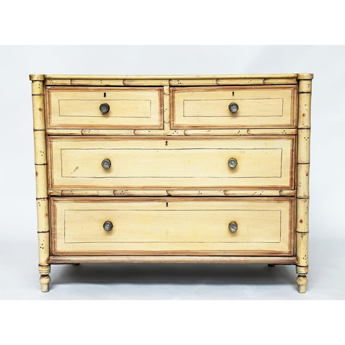 125 - FAUX BAMBOO CHEST, 19th century with two short and two long drawers flanked by columns and with turn... 