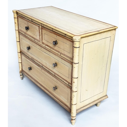 125 - FAUX BAMBOO CHEST, 19th century with two short and two long drawers flanked by columns and with turn... 