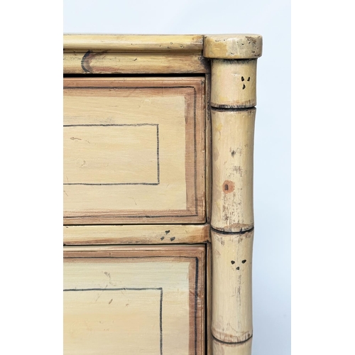 125 - FAUX BAMBOO CHEST, 19th century with two short and two long drawers flanked by columns and with turn... 