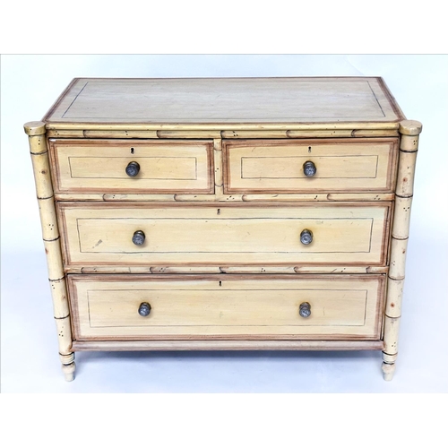 125 - FAUX BAMBOO CHEST, 19th century with two short and two long drawers flanked by columns and with turn... 