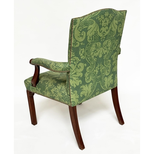 126 - GAINSBOROUGH ARMCHAIRS, a pair, George III design with arched backs, scroll carved arms and brass st... 