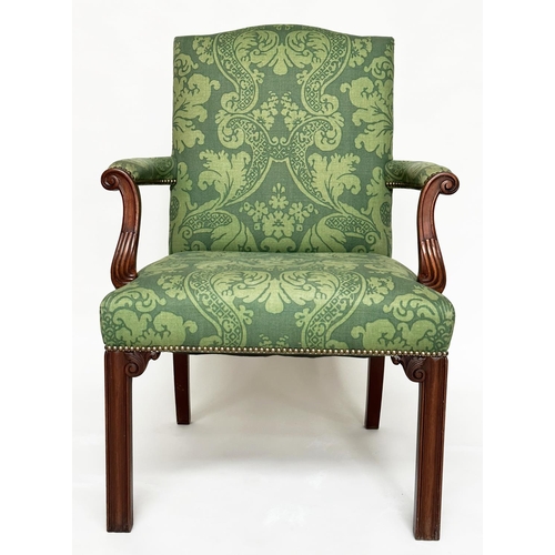 126 - GAINSBOROUGH ARMCHAIRS, a pair, George III design with arched backs, scroll carved arms and brass st... 