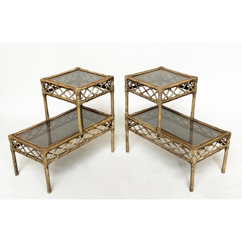 130 - LAMP/BEDSIDE TABLES, a pair, rattan, bamboo, wicker panelled and cane bound each, glazed with two st... 