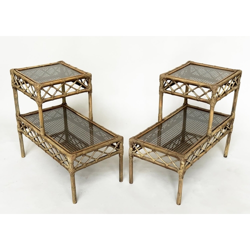 130 - LAMP/BEDSIDE TABLES, a pair, rattan, bamboo, wicker panelled and cane bound each, glazed with two st... 