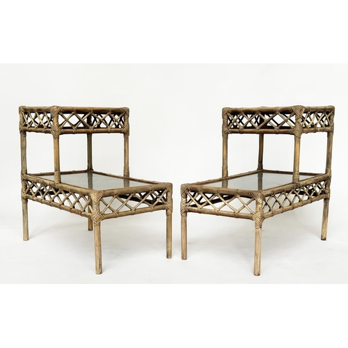 130 - LAMP/BEDSIDE TABLES, a pair, rattan, bamboo, wicker panelled and cane bound each, glazed with two st... 