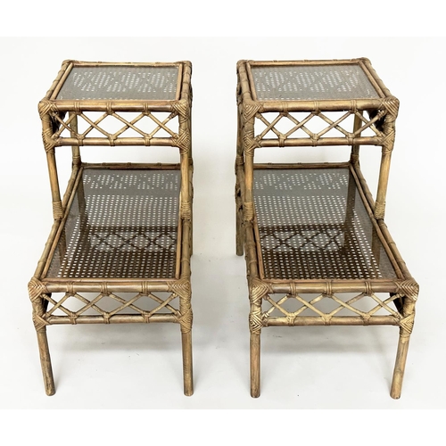 130 - LAMP/BEDSIDE TABLES, a pair, rattan, bamboo, wicker panelled and cane bound each, glazed with two st... 