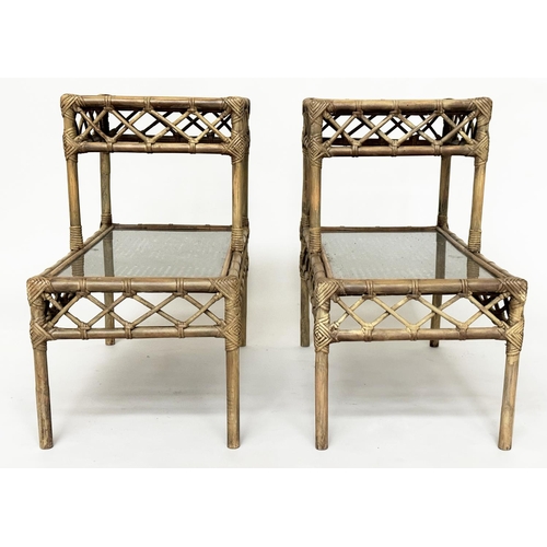 130 - LAMP/BEDSIDE TABLES, a pair, rattan, bamboo, wicker panelled and cane bound each, glazed with two st... 