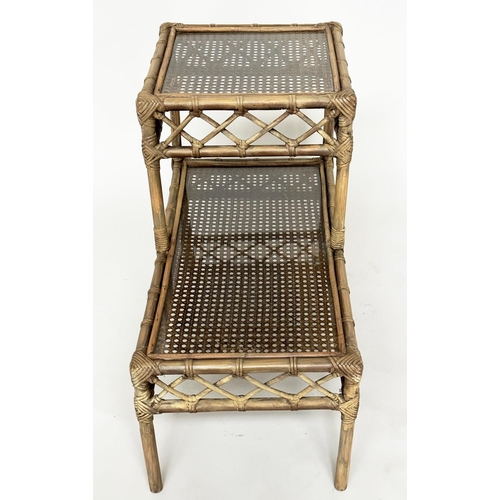 130 - LAMP/BEDSIDE TABLES, a pair, rattan, bamboo, wicker panelled and cane bound each, glazed with two st... 