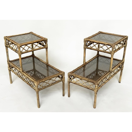 130 - LAMP/BEDSIDE TABLES, a pair, rattan, bamboo, wicker panelled and cane bound each, glazed with two st... 