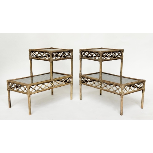 130 - LAMP/BEDSIDE TABLES, a pair, rattan, bamboo, wicker panelled and cane bound each, glazed with two st... 