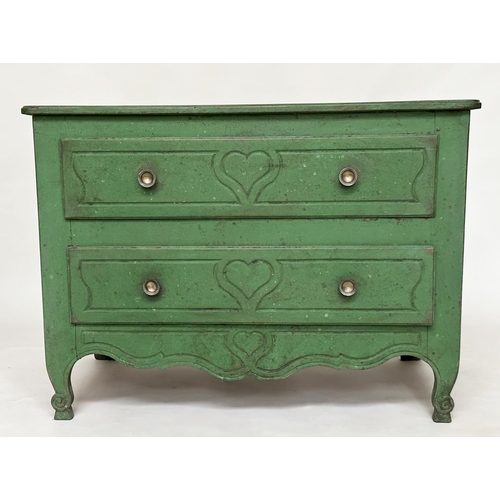 131 - COMMODE, 19th century Provincial French Louis XV manner green painted with two long drawers and scro... 