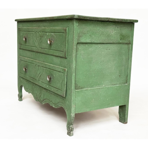 131 - COMMODE, 19th century Provincial French Louis XV manner green painted with two long drawers and scro... 