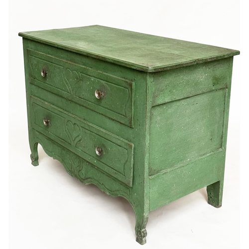 131 - COMMODE, 19th century Provincial French Louis XV manner green painted with two long drawers and scro... 