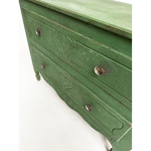 131 - COMMODE, 19th century Provincial French Louis XV manner green painted with two long drawers and scro... 