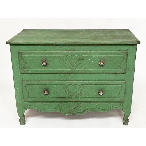 131 - COMMODE, 19th century Provincial French Louis XV manner green painted with two long drawers and scro... 