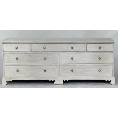 133 - LOW CHEST, Georgian style grey painted with seven drawers and bracket supports, 180cm x 47cm D x 70c... 