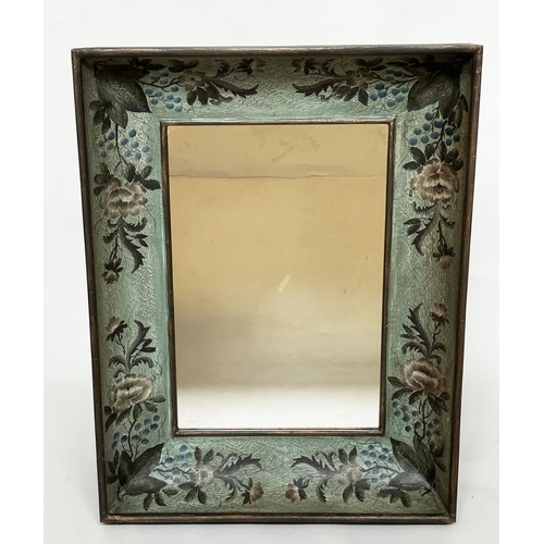 134 - WALL MIRROR, vintage rectangular with hand floral painted blue cushion frame, 112cm x 87cm.