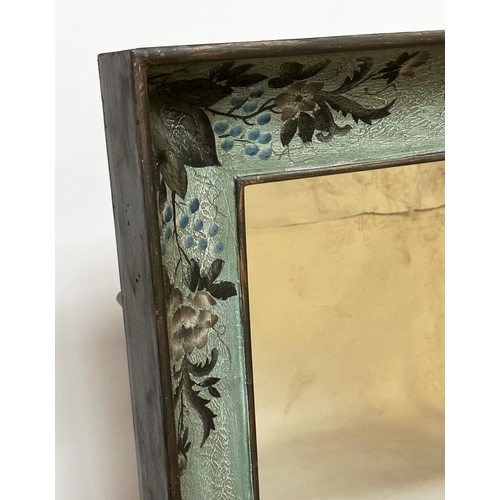 134 - WALL MIRROR, vintage rectangular with hand floral painted blue cushion frame, 112cm x 87cm.