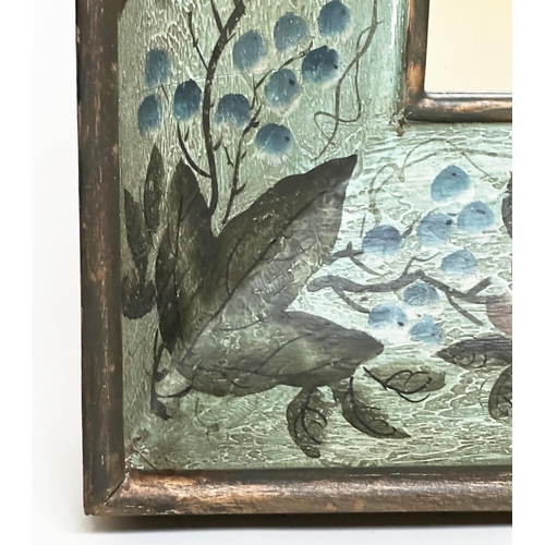 134 - WALL MIRROR, vintage rectangular with hand floral painted blue cushion frame, 112cm x 87cm.