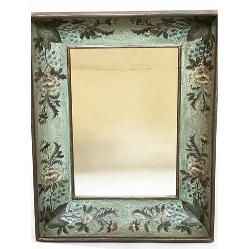 134 - WALL MIRROR, vintage rectangular with hand floral painted blue cushion frame, 112cm x 87cm.