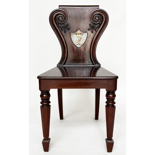 135 - HALL CHAIRS, a pair, 19th century mahogany with scroll and shield backs, coat of arms and facetted f... 