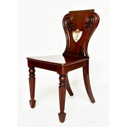 135 - HALL CHAIRS, a pair, 19th century mahogany with scroll and shield backs, coat of arms and facetted f... 