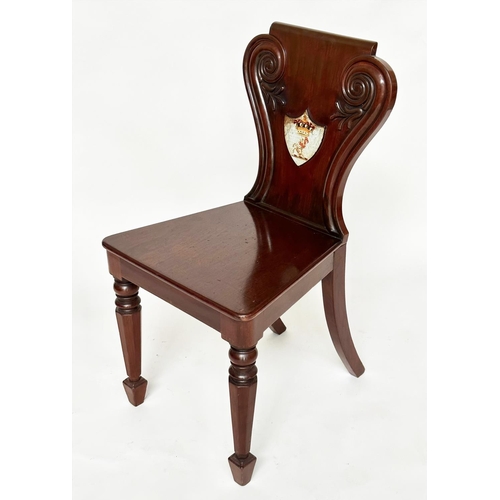 135 - HALL CHAIRS, a pair, 19th century mahogany with scroll and shield backs, coat of arms and facetted f... 